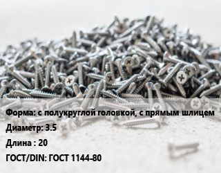 Шуруп с полукруглой головкой, с прямым шлицем 3.5х20 ГОСТ: ГОСТ 1144-80, кг, 5 кг цена от 282.16 Тг / кг, где купить, условия доставки в Шымкенте и Южно-Казахстанской области